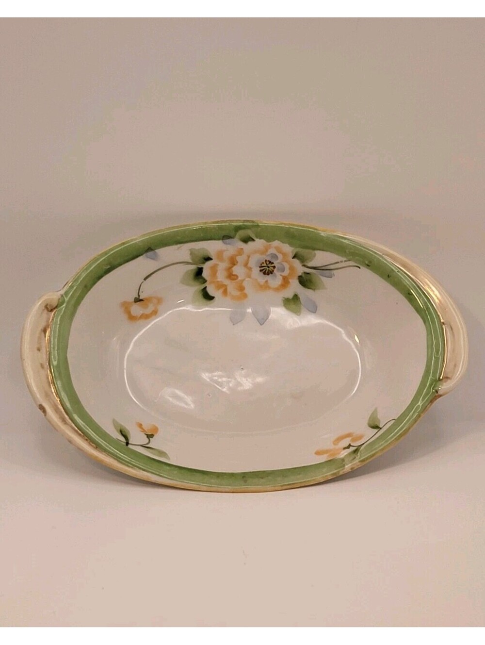 Antique Nippon Hand Painted Relish Dish Oval Gold Handles Green Floral 6"x3"